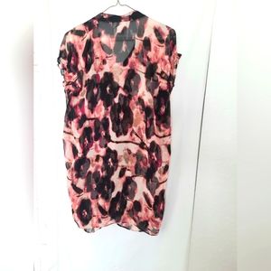 Worthington Woman Sheer Pink Floral Top Ruffle Front Stretch Sleeve V Neck S 2X